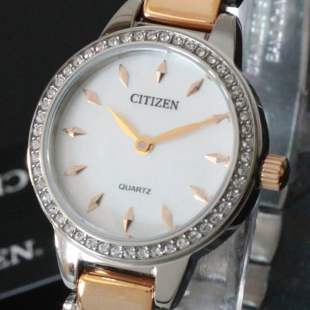 Citizen Women's Quartz Watch Crystal Bezel Mother Of Pearl Dial 24mm
